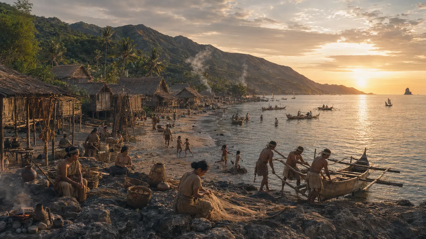 Muling paglalarawan ng sinaunang pamayanang baybayin sa Mariveles na may mga bahay kubo, bangka at mangingisda sa takipsilim