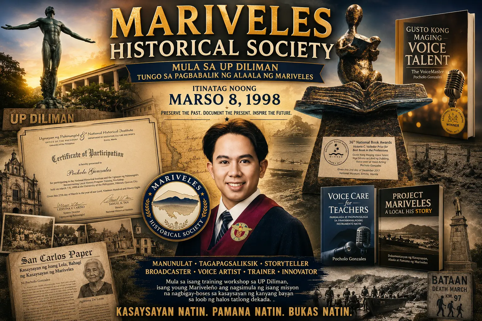 Collage ng mga dokumento, lumang larawan at sertipiko kaugnay ng kasaysayan ng Mariveles